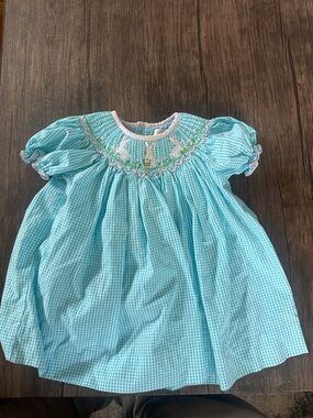 Petit Ami Aqua Gingham Smocked Dress with Bunny Motif